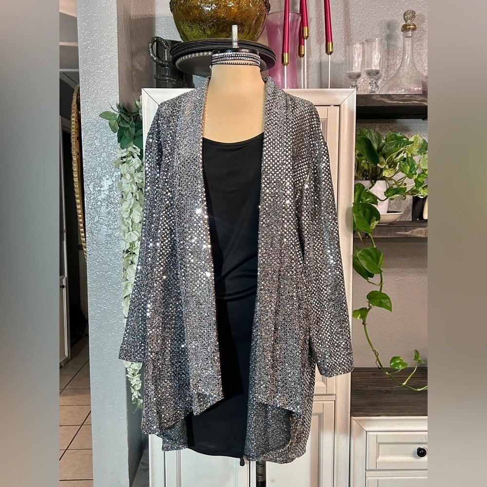 Vintage Silver Metallic Cardigan LARGE Loose‎ Flowy Holiday NYE Party